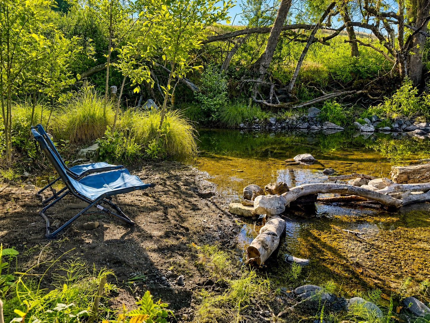 A chair set beside the year-round creek