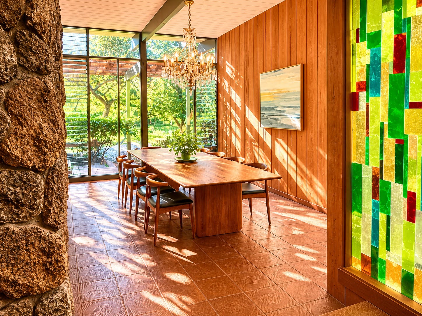 Dining room with a long wood table and stained-glass window